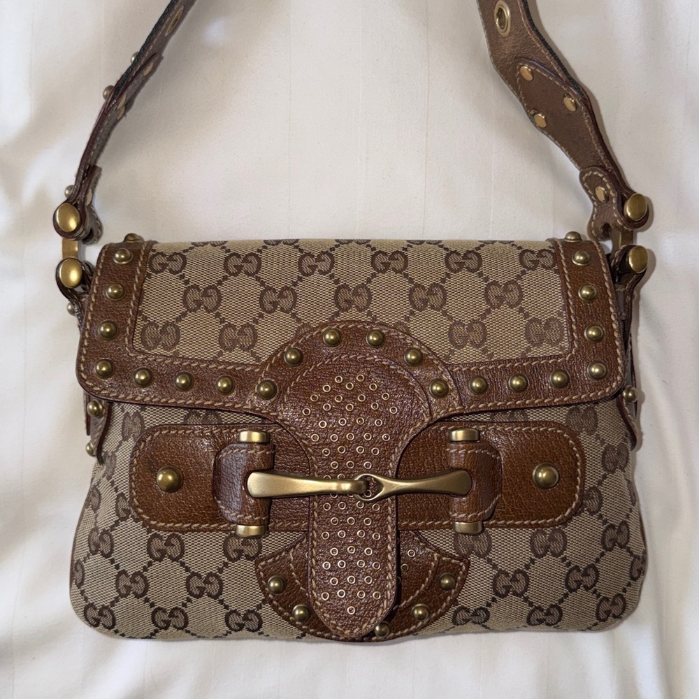 ‼️Vintage Gucci Pelham Runway Studded GG Monogram Striped Strap Shoulder Bag - Picture 3 of 16